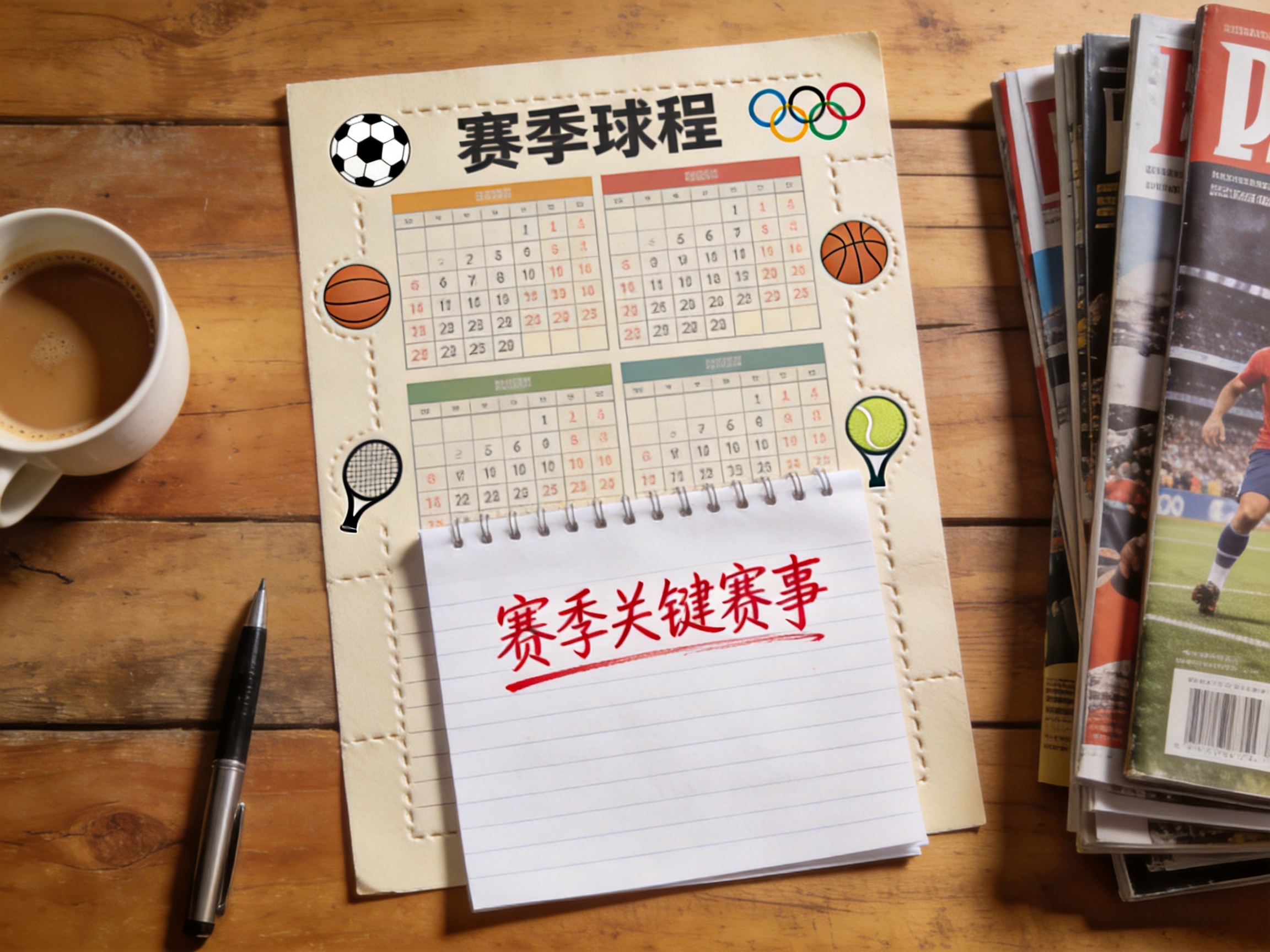 品牌定位模块配图：桌面上的赛季赛程表与笔记，示意按赛季梳理赛程与资料的整理方式